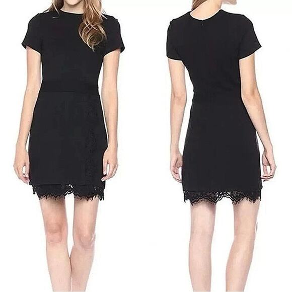 French Connection Black Short Sleeve Scalloped Lace Mini Pencil Sheath Dress 2 - Picture 1 of 6